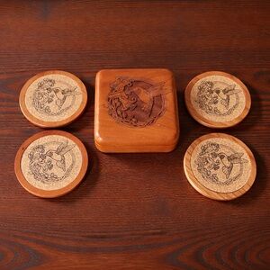 Carved Wood Hummingbird Coaster Box Set 4 Cork Center Coasters Trinket Box Decor